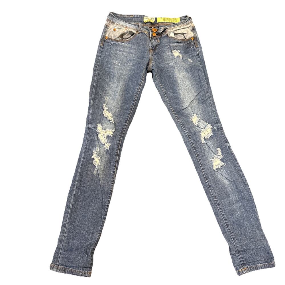 Indigo Rein Women's Skinny Jeans Denim Stretch Distressed Blue Med Wash Size 1